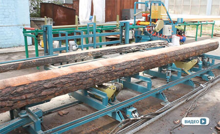 Линия распиловки тонкомерной древесины из ленточной пилорамы и лафетного многопильного станка