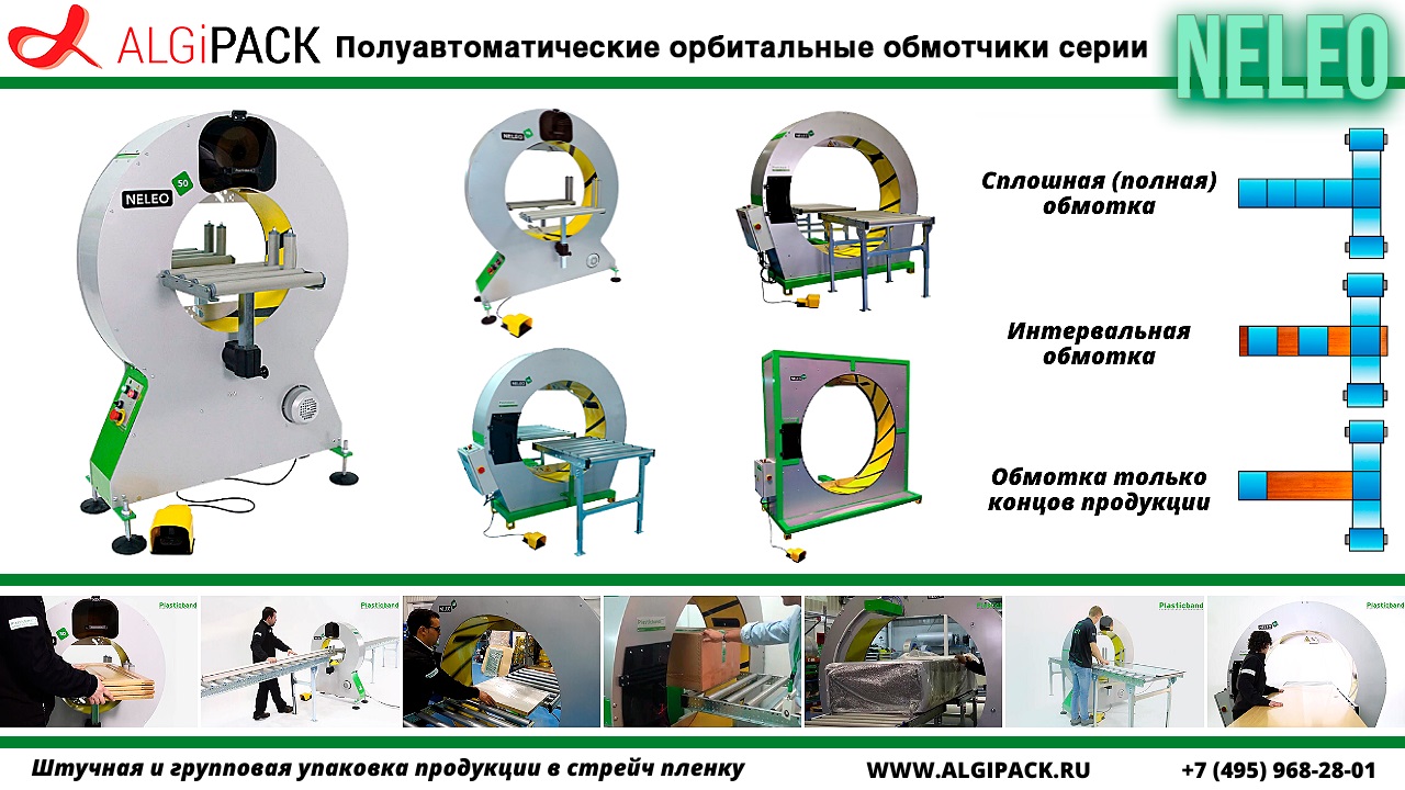 Алджипак: обзор ассортимента полуавтоматических орбитальных обмотчиков серии NELEO для упаковки продукции стрейч пленкой.